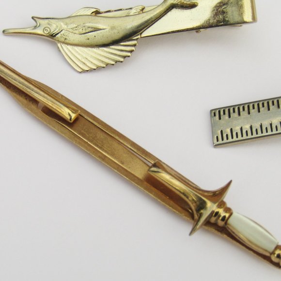 Swank Tie Clips Gold Tone Sword Marlin Lot of 3 - Picture 2 of 4